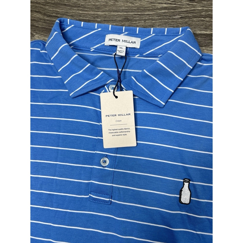 New Peter Millar Crown McArthur Golf Club Milk Jug Polo Sz XL Blue Striped Shirt